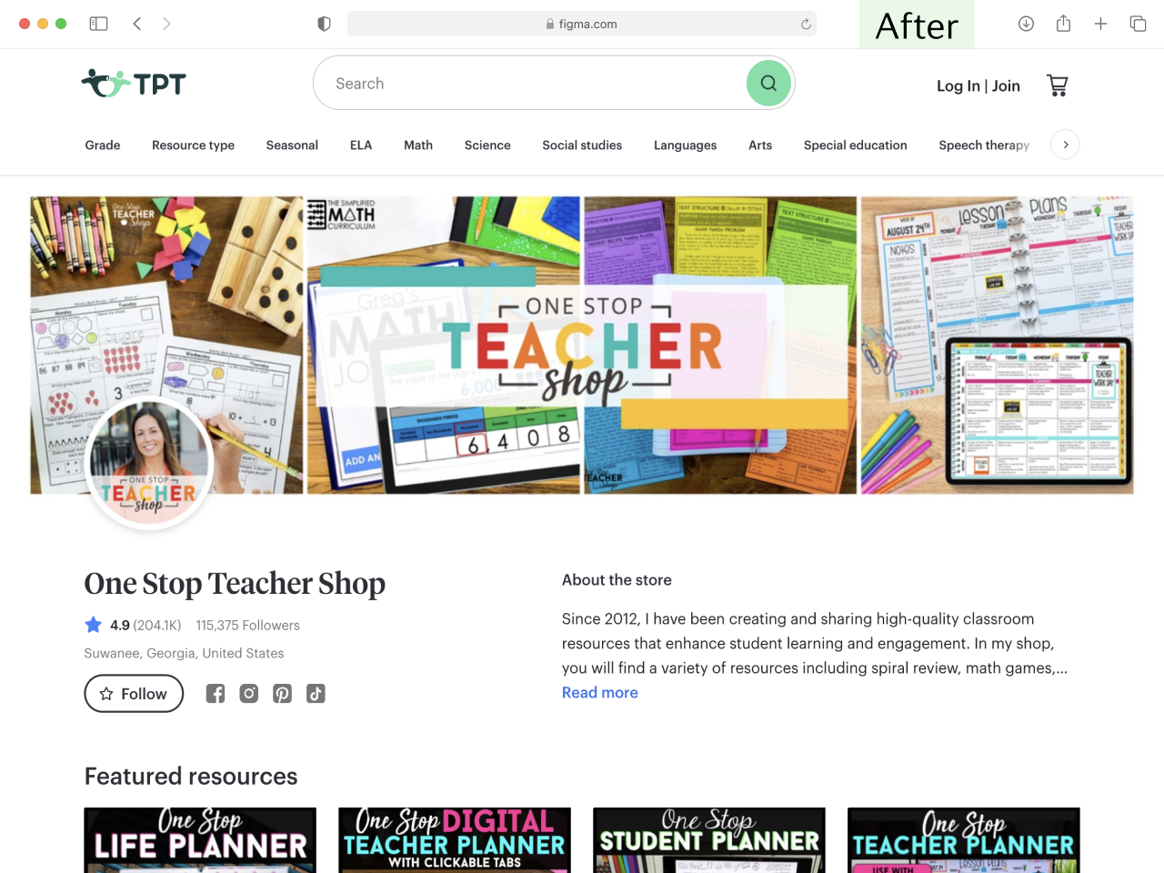 TPT Store Page – Top – after