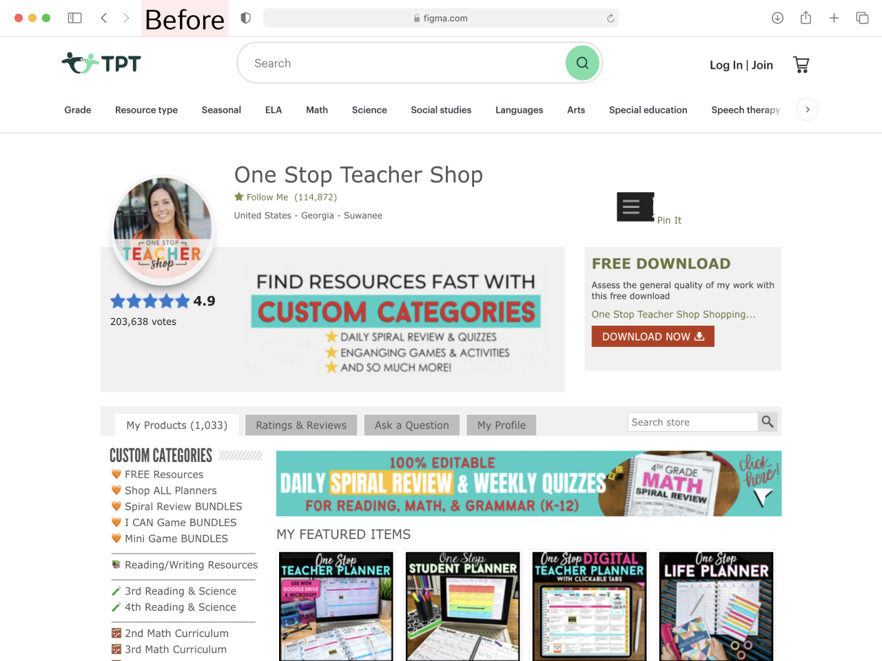 TPT Store Page – Top – before